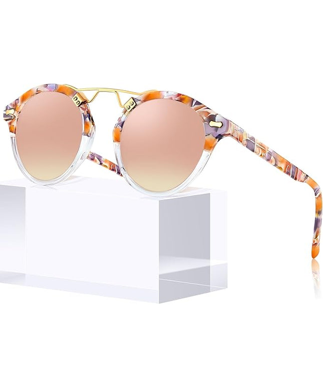 CARFIA Small Face Acetate Polarized Sunglasses for Women UV Protection, Retro Double Bridge Eyewears Metal Brow Round Sunnies