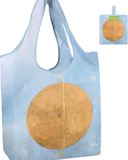 BeeGreen Oil Painting Aesthetic Tote Bag - Large Reusable Grocery Bag, Polyester Grocery Bags Gifts for Women,Foldable, Washable, Packable with Handles & Pouch for Shopping, Beach, Work, Summer