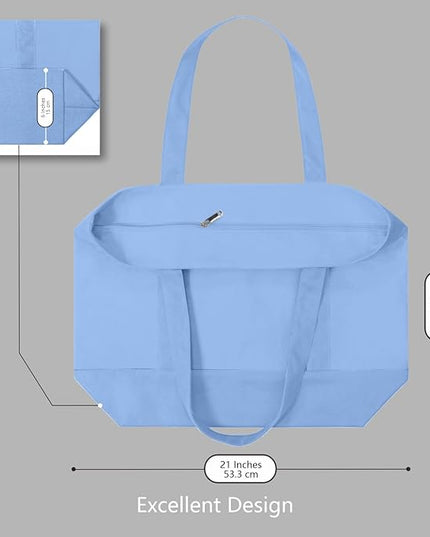 TOPDesign 3-Pack Canvas Tote Bags with an External Pocket, Reusable Grocery Shopping Bags, Top Zipper Closure, Daily Essentials (Light Blue)