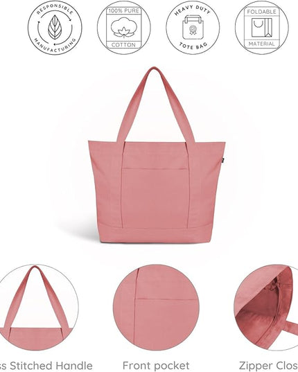 Eco Right Canvas Tote Bag for Women with Zip & Inner Pocket, 100% Organic Cotton Tote Bags for Men, Shopping, Beach