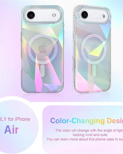 Cute Case for iPhone Air Case for Women Girls [ Compatible with Magsafe ] Clear Glitter Girly Aesthetic Rainbow Sparkly Bling Magnetic Phone Cover, Iridescent Geometry