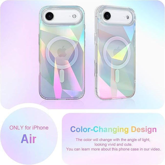 Cute Case for iPhone Air Case for Women Girls [ Compatible with Magsafe ] Clear Glitter Girly Aesthetic Rainbow Sparkly Bling Magnetic Phone Cover, Iridescent Geometry