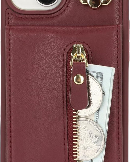 for iPhone 15 Wallet Case with Card Holder, for iPhone 15 Case Wallet with Strap Credit Card Slot, Crossbody Bag with Zipper Case for iPhone15 - Red Wine
