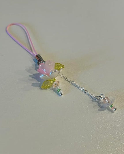 Agromusk Pink Flower Phone Charms,Cute Beaded Lotus Flower Phone Strap Handmade Decor for Women Y2K Accessories Keychain Bag Pendant Gift