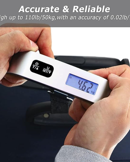 travel inspira Luggage Scale, Portable Digital Hanging Baggage Scale for Travel, Suitcase Weight Scale with Rubber Paint, 110 Pounds, Battery Included, Sliver, 2 Pcs