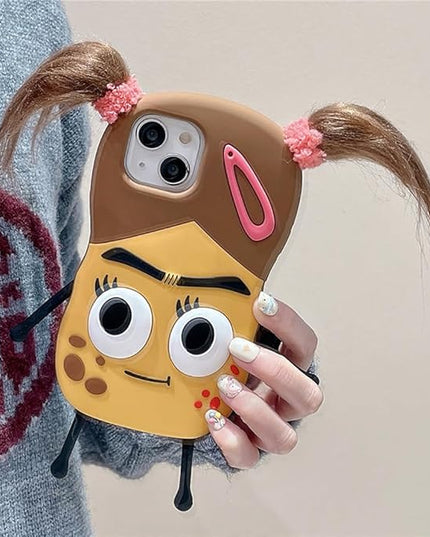 Case Compatible with iPhone 13,Cute 3D Kawaii Funny Braided Ugly Girl Cartoon Cover with Keychain Soft Silicone Gel Drop Protector Women Girls