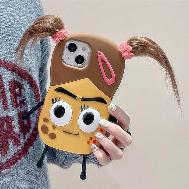 Case Compatible with iPhone 13,Cute 3D Kawaii Funny Braided Ugly Girl Cartoon Cover with Keychain Soft Silicone Gel Drop Protector Women Girls