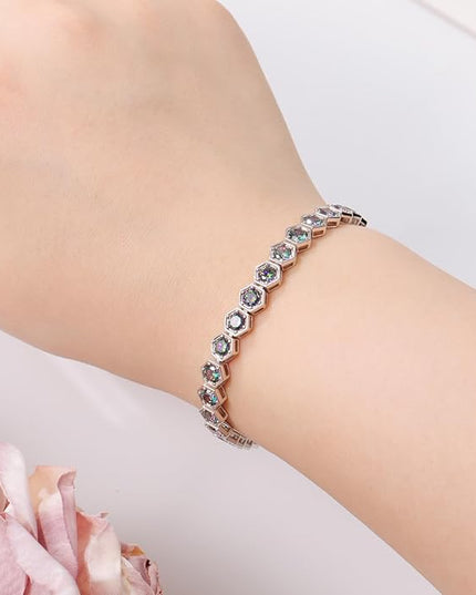 Birthstone Tennis Bracelets for Women Birthday Gifts 925 Sterling Silver Hexagon White Gold Bracelets Round Cut 5A Cubic Zirconia Prong Setting 7 Inch Anniversary Jewelry Gift