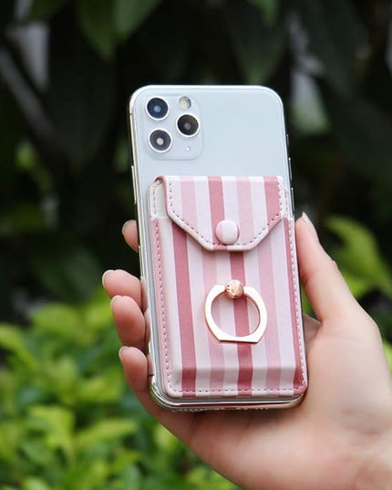 RFID Ring Stand Stick on Wallet Card Holder for Back of Phone for iPhone Android and All Smartphones Adhesive Credit Card Holder for Cell Phone-Pink Striped