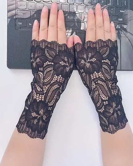 Women's Short Lace Gloves Fingerless for Driving Wedding Wrist Length Bridal Prom Gloves