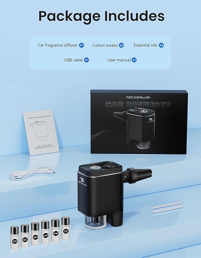 Smart Car Air Freshener, Car Air Freshener Diffuser, Car Diffuser with 360° Rotatable Vent Clip 3 Smart Scent Modes, 6 Refillable Scents for Long Lasting Fragrance