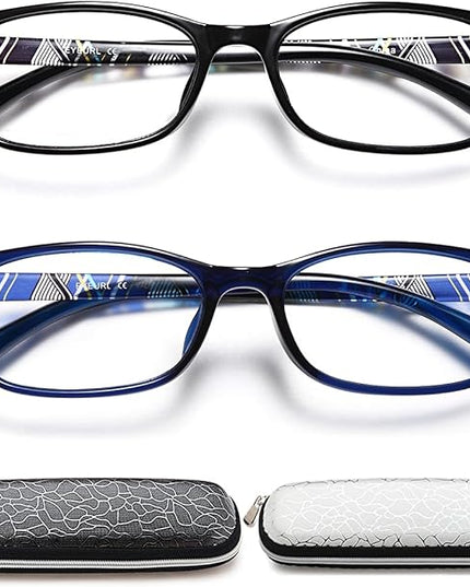 EYEURL 2 Pack Blue Light Blocking Readers for Women Men, Ladies Computer Reading Glasses +1.0 Magnification, Fashion Rectangular Eyeglasses and Hard Case