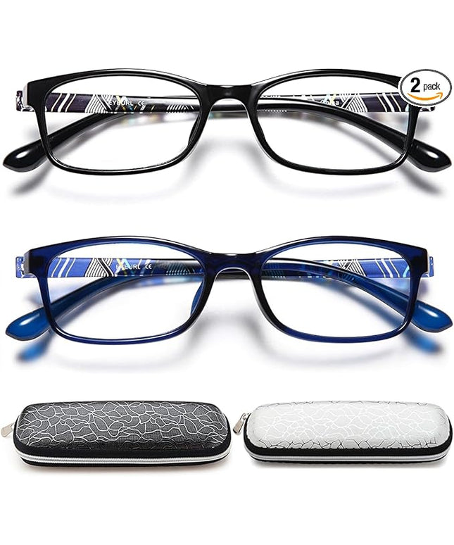 EYEURL Black Computer Reading Glasses 2 Pair Blue Light Blocking 1.75 Magnification Stylish Readers for Women Men Rectangular Frame Transparent Lens and Hard Case