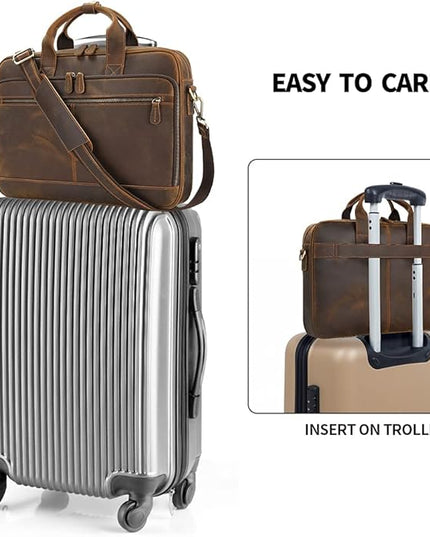 Jack&Chris Full Grain Leather Briefcase for Men, Business Messenger Bag Laptop Bag Attache Case, Fits 15.6 Inch Laptop