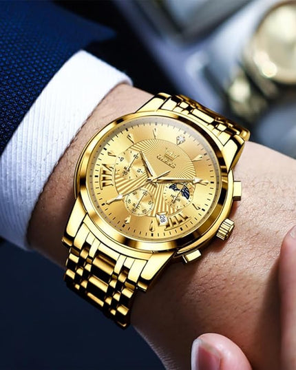 OLEVS Men's Luxury Watch Waterproof Luminous Easy Read Chronograph Watches Full Gold/White Dail/Black Face with Calendar Wristwatch