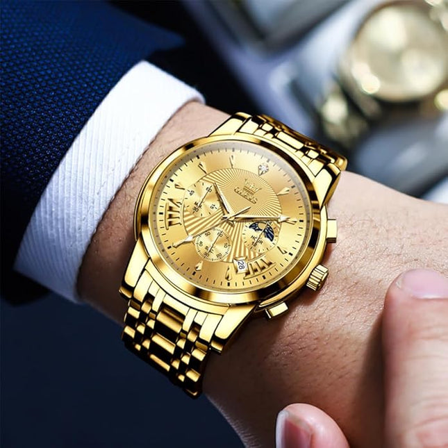 OLEVS Men's Luxury Watch Waterproof Luminous Easy Read Chronograph Watches Full Gold/White Dail/Black Face with Calendar Wristwatch