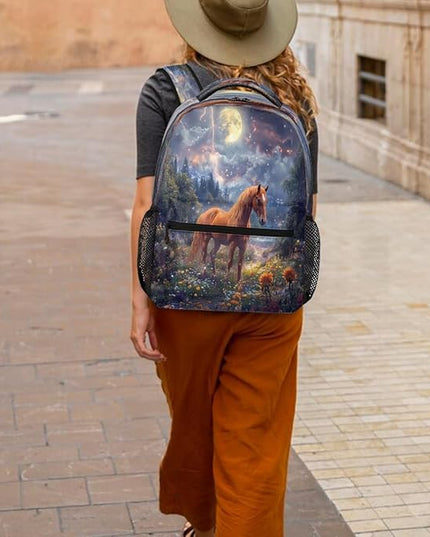 Large Backpack with 15.6 Inch Laptop Compartment, Fantasy Horse Forest Adult Backpack for Work, Travel & School College Boys Girls