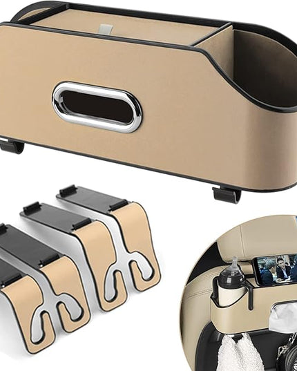 Car Seat Back Organizer - Stylish & Functional Storage for Family Adventures - Cup Holders, Tissue Box & Hooks - Perfect for Kids, Road Trips & Travel (Beige)
