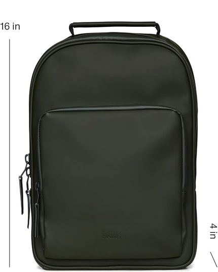 RAINS Book Daypack Regular Green Laptop Backpack for Men and Women, Waterproof Black Minimalist Commuter Bag with 15”-16"