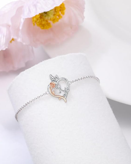 TOUPOP Gifts for Women Rose Heart Initial Bracelet 925 Sterling Silver Butterfly Letter Link Bracelet Love Jewelry Valentines Day Birthday Gifts for Her Wife Girlfriend Mom