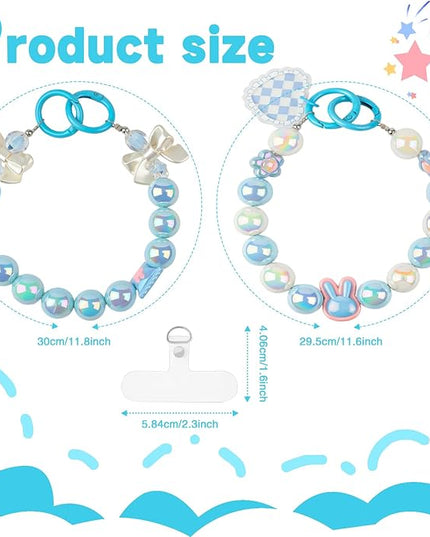 2 Pcs Phone Charm Wrist Strap with Tether Tab, Double Anti Lost Cute Beaded Wrist Lanyard, Detachable Transparent Phone Charms for Bag, Key Chains, Camera Decor