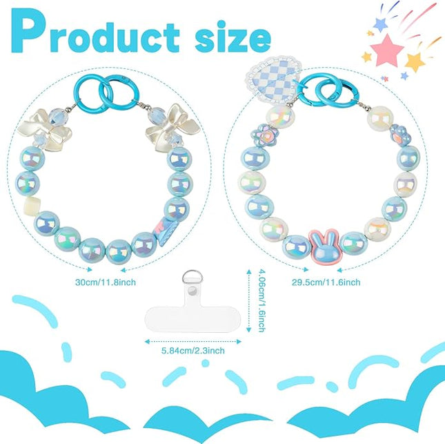 2 Pcs Phone Charm Wrist Strap with Tether Tab, Double Anti Lost Cute Beaded Wrist Lanyard, Detachable Transparent Phone Charms for Bag, Key Chains, Camera Decor