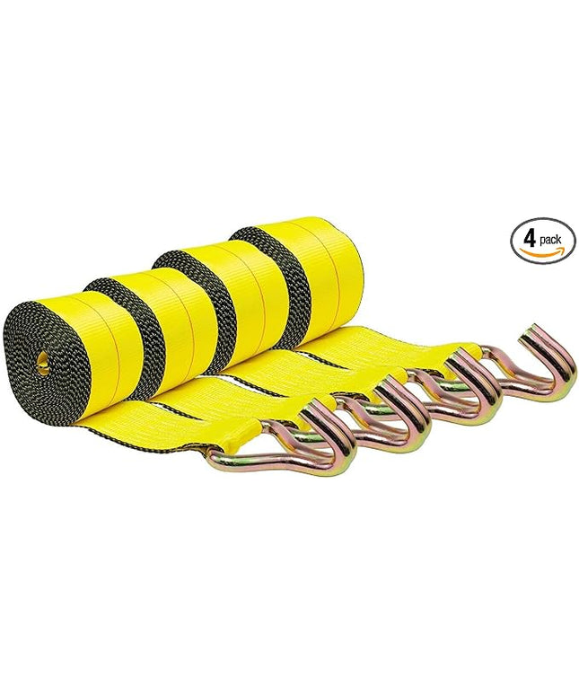 Mytee Products 4 Pack 2" x 15' Winch Straps w/Wire Hook - 3333lbs WLL - Yellow Heavy Duty 2 Inch Cargo Control Tie Down Straps for Flatbed Truck Utility Trailer