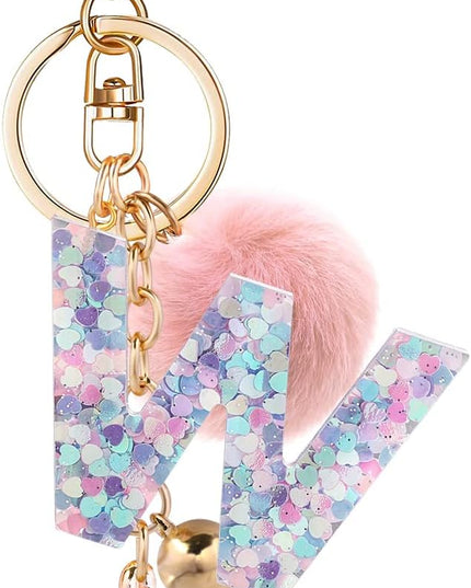 Resin Alphabet Initial Letter Keychain Keyring for Women Purse Handbags With Fur Ball Pom