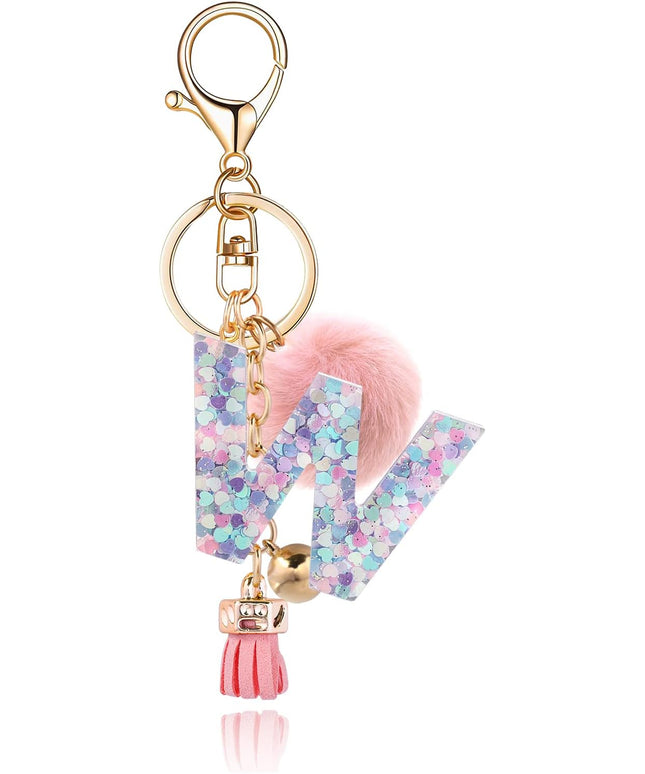 Resin Alphabet Initial Letter Keychain Keyring for Women Purse Handbags With Fur Ball Pom