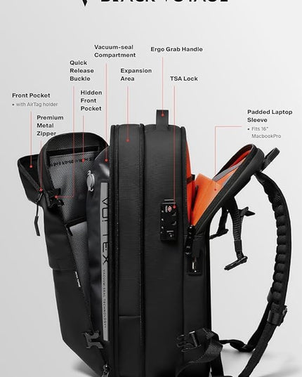 BlackVoyage Vortex Vacuum Seal Travel Backpack 60L Expandable Air Compression System Water Resistant TSA Lock Carry-On Suitcase Luggage Black AERO - Vacuum Pump Included