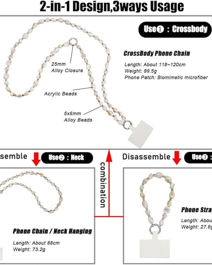 Phone Crossbody Strap, 2in1 Wrist Charm&Shoulder Lanyard,3Ways Usage free to Assembly and Disassembly Phone Strap with Tether Patches for Most Phones Bag Purse (L)