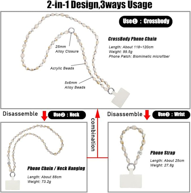 Phone Crossbody Strap, 2in1 Wrist Charm&Shoulder Lanyard,3Ways Usage free to Assembly and Disassembly Phone Strap with Tether Patches for Most Phones Bag Purse (L)