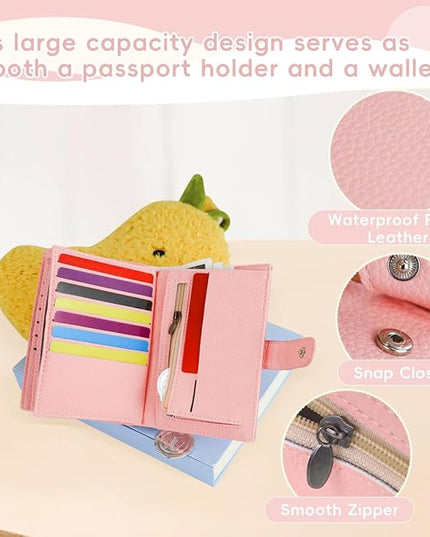 FuninCrea Family Passport Holder for 4 with 22 Card Slots, Faux Leather Passport Holder for Travel Multifunctional Portable Travel Wallet Womens (Pink)