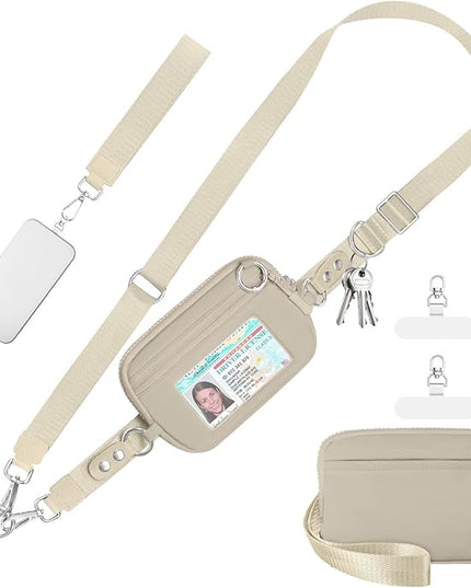 Clip and Go Strap for Phone with Wallet Crossbody Phone Lanyard Adjustable and Detachable RFID Wristlet Wallet with ID Window and Zipper, Khaki