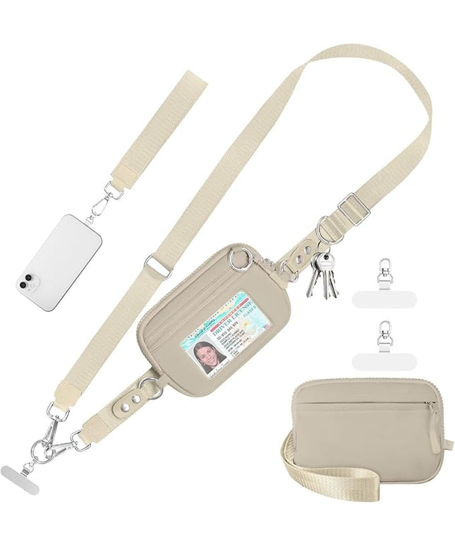 Clip and Go Strap for Phone with Wallet Crossbody Phone Lanyard Adjustable and Detachable RFID Wristlet Wallet with ID Window and Zipper, Khaki