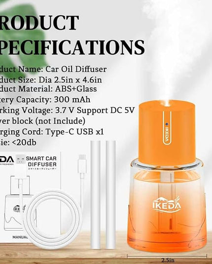 Ikeda Essential Oil Diffuser, 100ml Glass Car Essential Oil Diffuser,Portable Car Aroma Air Diffuser, 3 Timers & 300 mAH Battery Operated Mini Humidifier Diffuser, Auto Shut-Off, Orange