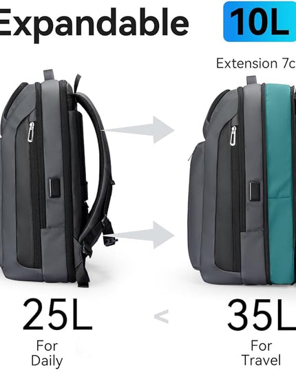 Muzee Business Backpack for Men, Travel Laptop Backpack Fits 15.6 Inch, Waterproof Expandable Bag 25L-35L, Grey Work Daypack with USB & USB-C Charging Ports, Anti-Theft Pocket, Luggage Strap