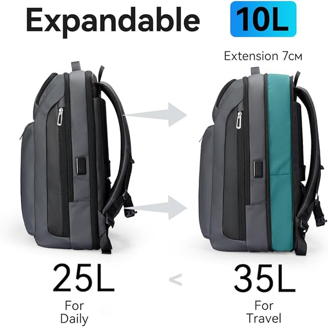 Muzee Business Backpack for Men, Travel Laptop Backpack Fits 15.6 Inch, Waterproof Expandable Bag 25L-35L, Grey Work Daypack with USB & USB-C Charging Ports, Anti-Theft Pocket, Luggage Strap