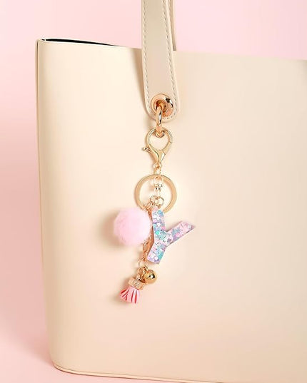 Resin Alphabet Initial Letter Keychain Keyring for Women Purse Handbags With Fur Ball Pom