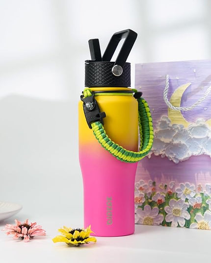 BJPKPK Insulated Water Bottles with Straw Lid, 35oz Metal Water Bottle with 2 lids & Paracord Strap, Double Wall Stainless Steel Tumbler with Handle, Reusable Cups, Mugs, Thermo, Pink & Yellow Rose