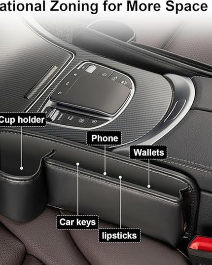 Car Seat Gap Filler Organizer with Cup Holders, Seat Gap Storage Box for Drinks, Phones, Keys, Sunglasses, Cards, and Small Essentials (Black, Passenger Seat)