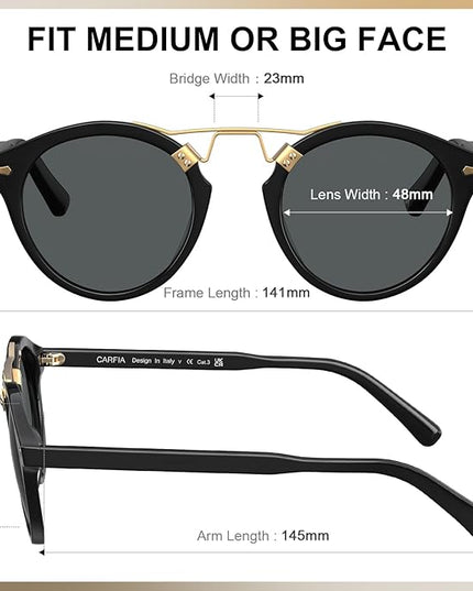 CARFIA Small Face Acetate Polarized Sunglasses for Women UV Protection, Retro Double Bridge Eyewears Metal Brow Round Sunnies