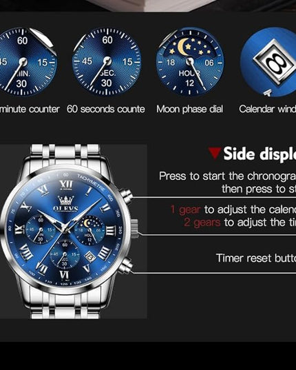 OLEVS Mens Watch Luxury Big Face Stainless Steel Analog Quartz Multifunctional Waterproof Luminous Date Two Tone Fashion Dress Wrist Watches for Man