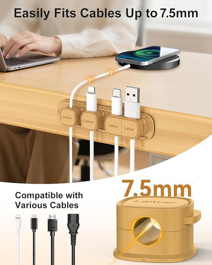 6 Pack Magnetic Cable Clips [1s Open/Lock], Laitver Cord Organizer Holder Strong Adhesive Desk Cable Management- Organize Charging Cords Neatly for Home, Office, Car,Desk, Nightstand-Milk Coffee