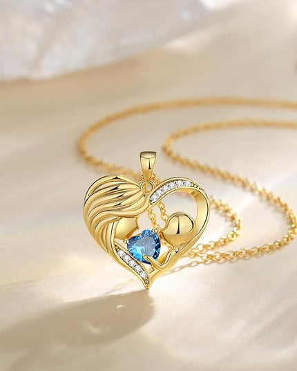 FANCIME Mom Birthstone Necklace Mother and Child Love Heart Necklace I Love You Mom Gifts Mothers Day Birthstone Jewelry Gifts for Grandmother Women Wife, 16"+2" Inches