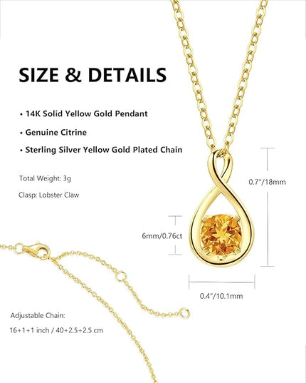 FANCIME 14K Solid Gold Birthstone Pendant with Sterling Silver Chain Infinity Gemstone Necklace Fine Jewelry Anniversary Birthday Christmas Gifts for Women Wife Her