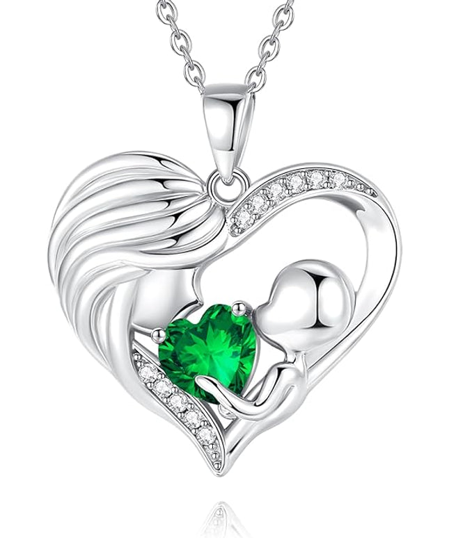 FANCIME Mom Birthstone Necklace Mother and Child Love Heart Necklace I Love You Mom Gifts Mothers Day Birthstone Jewelry Gifts for Grandmother Women Wife, 16"+2" Inches