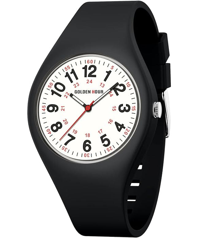 GOLDEN HOUR Waterproof Sports Analog Unisex Watches for Nurse Medical Professionals, Students - Military Time Glowing Easy to Read Dial, Jelly Silicone Strap