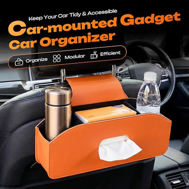 Car Seat Back Organizer with Tissue Box, Multifunctional Backseat Organizer for Car Interior Storage, Seat Back Storage Organizer for Phone, Drinks, Snacks & Handbags (Orange)