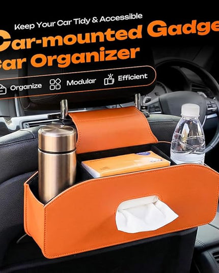 Car Seat Back Organizer with Tissue Box, Multifunctional Backseat Organizer for Car Interior Storage, Seat Back Storage Organizer for Phone, Drinks, Snacks & Handbags (White)